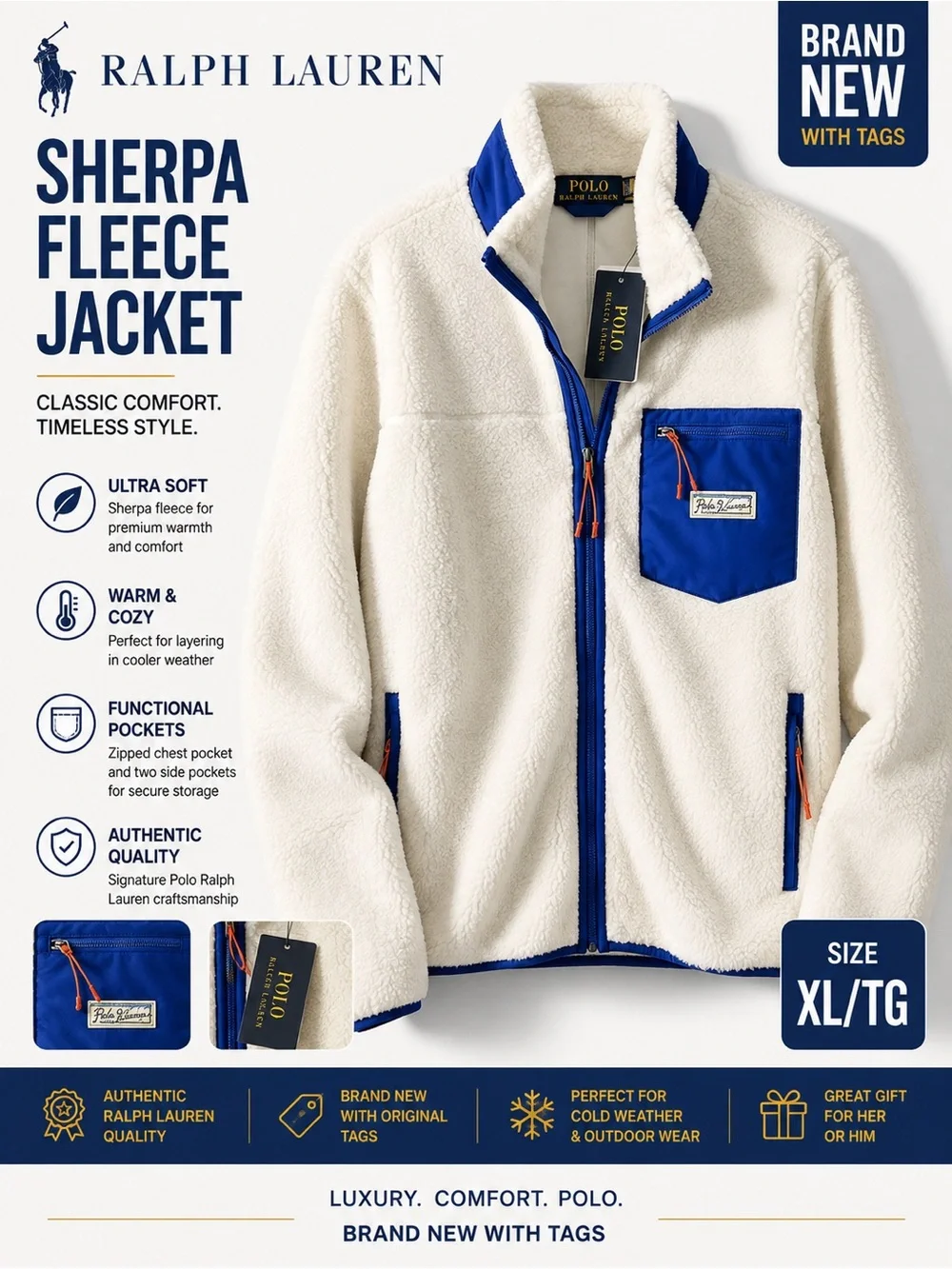 Polo Ralph Lauren Sherpa Fleece Full Zip Jacket Cream Blue Mens XL MSRP $228 NWT